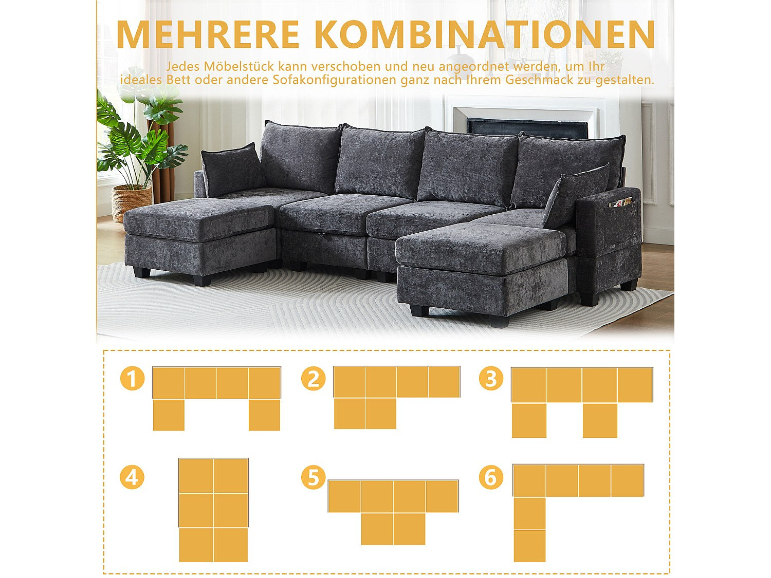 Canapé modulable 6 places gris tissu