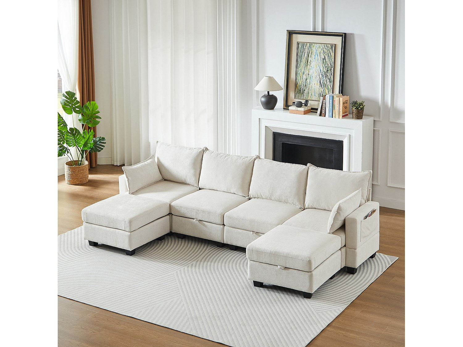 Canapé modulable 6 places beige tissu