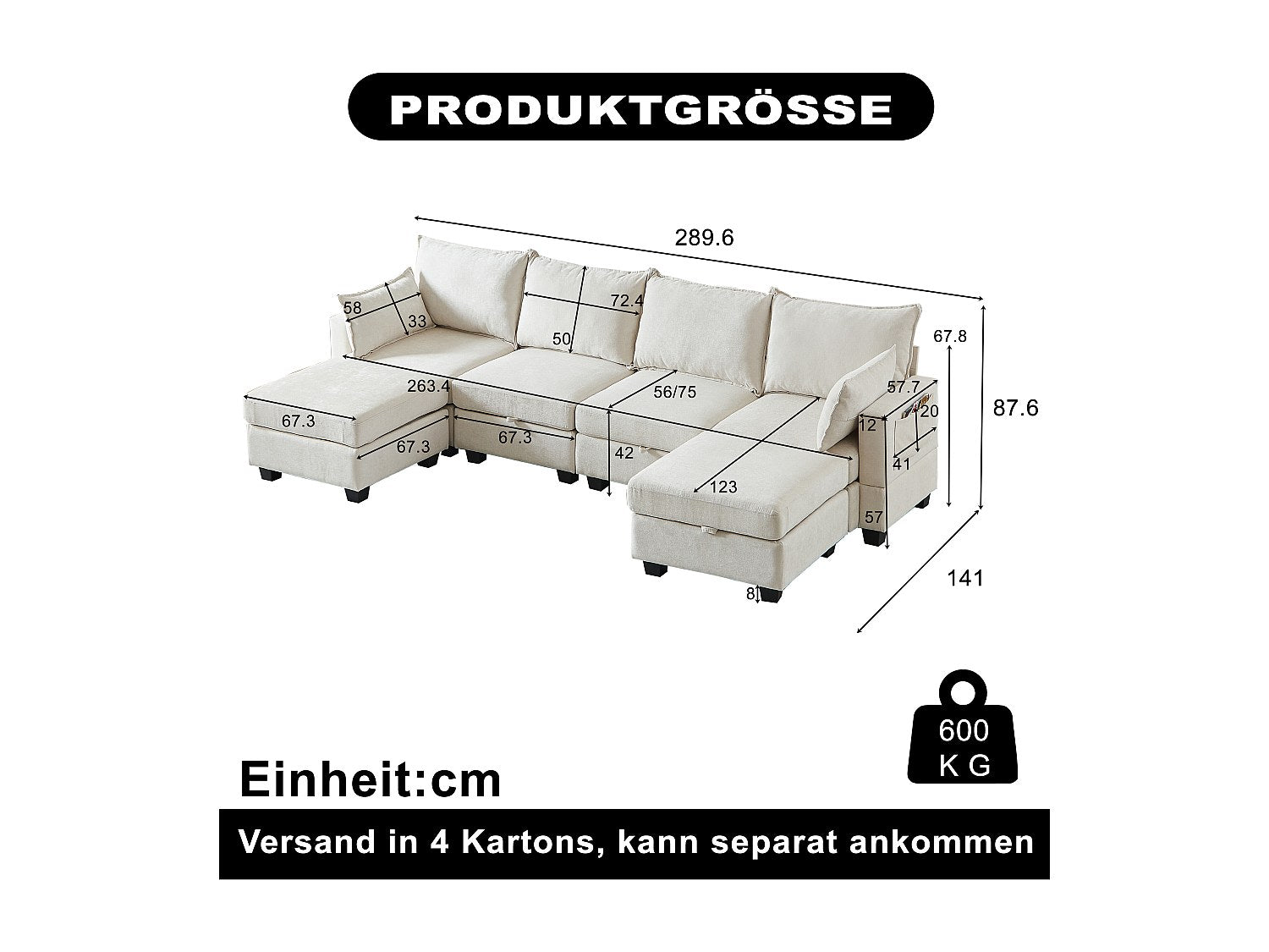 Canapé modulable 6 places beige tissu