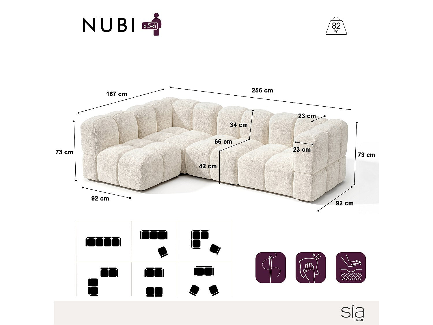 Canapé modulable 6 places beige velours