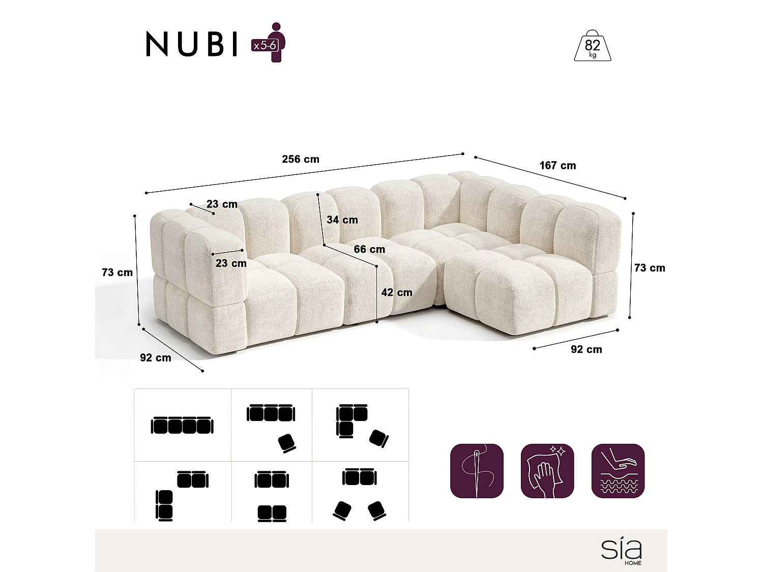Canapé modulable 6 places beige velours