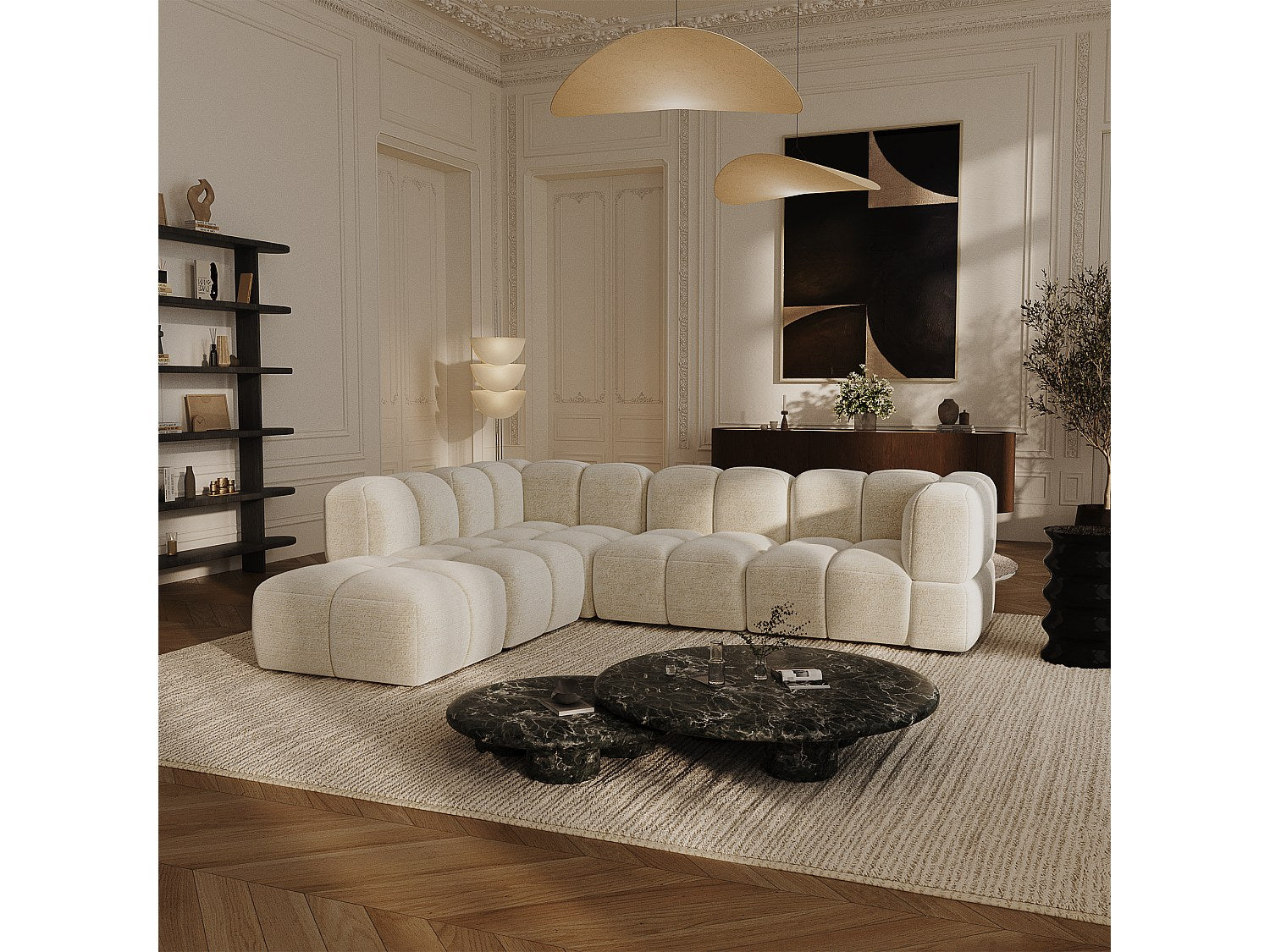Canapé modulable 7 places beige velours