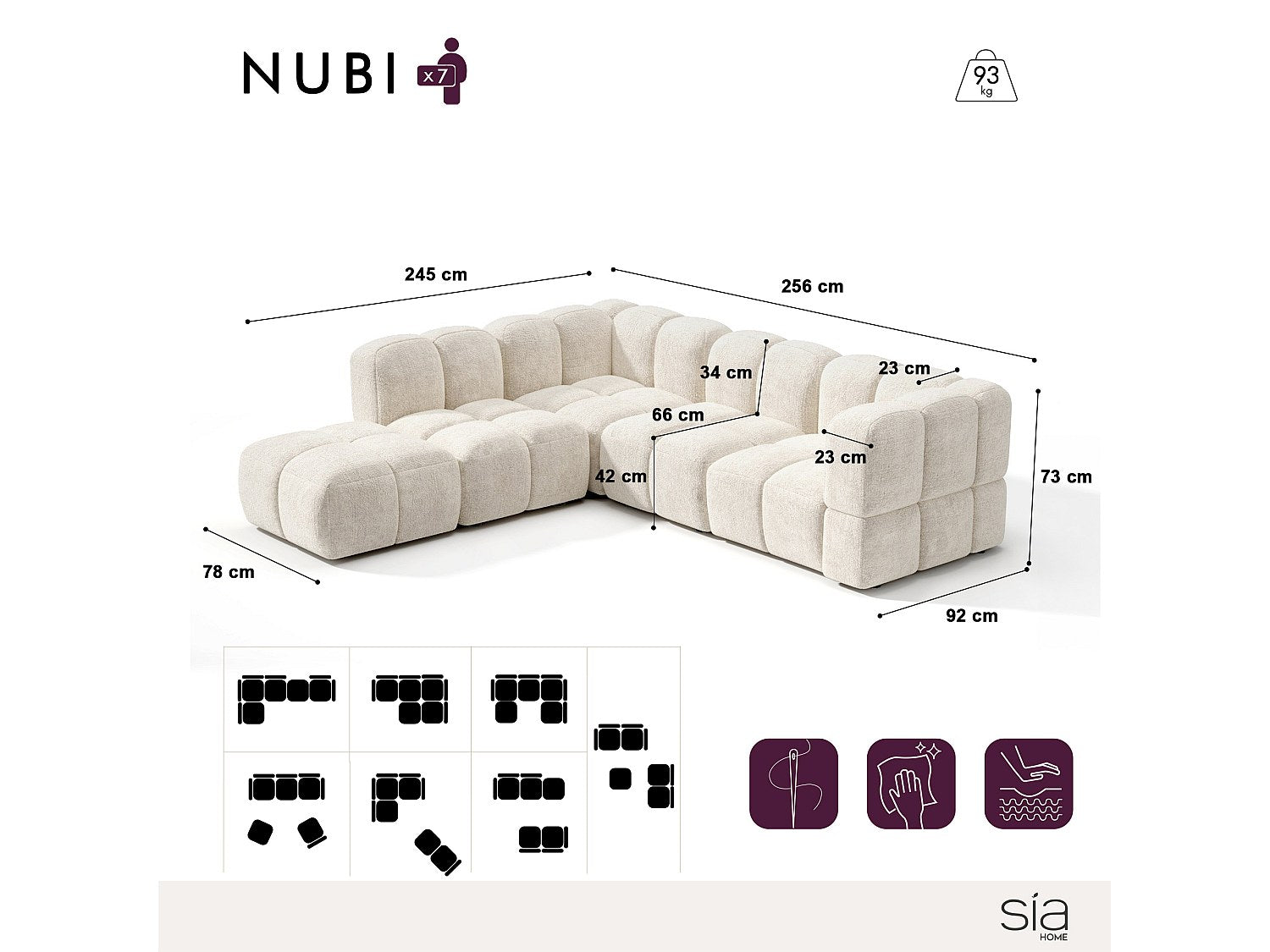 Canapé modulable 7 places beige velours