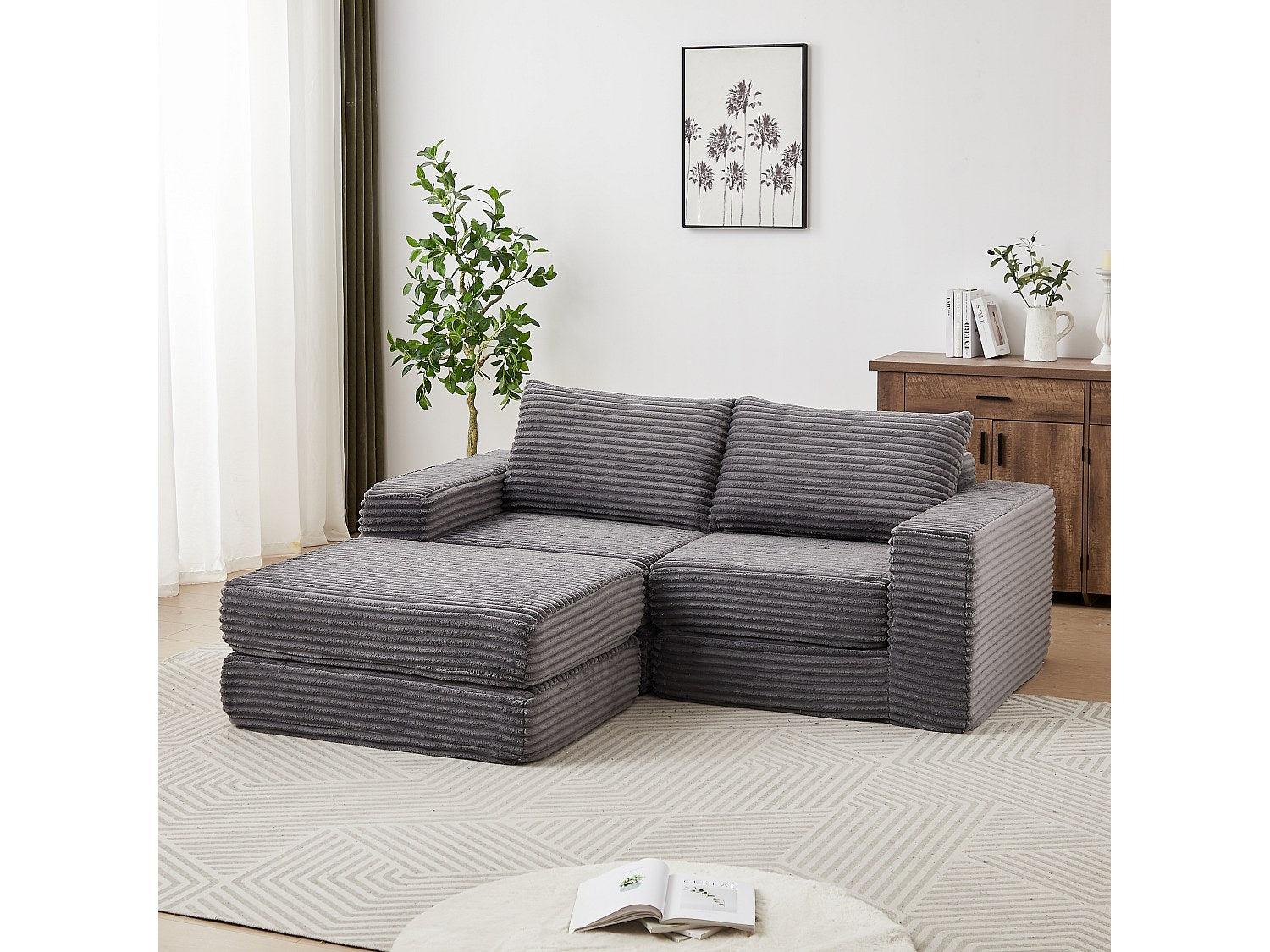 Pouf pour canapé modulable convertible 2 places gris tissu