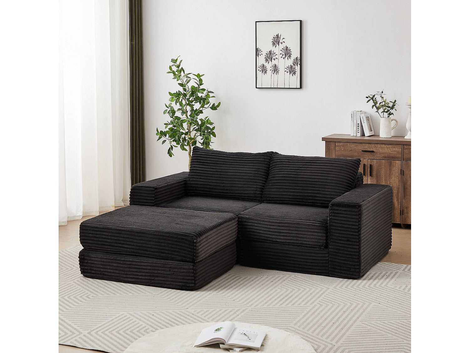 Pouf pour canapé modulable convertible 2 places noir tissu