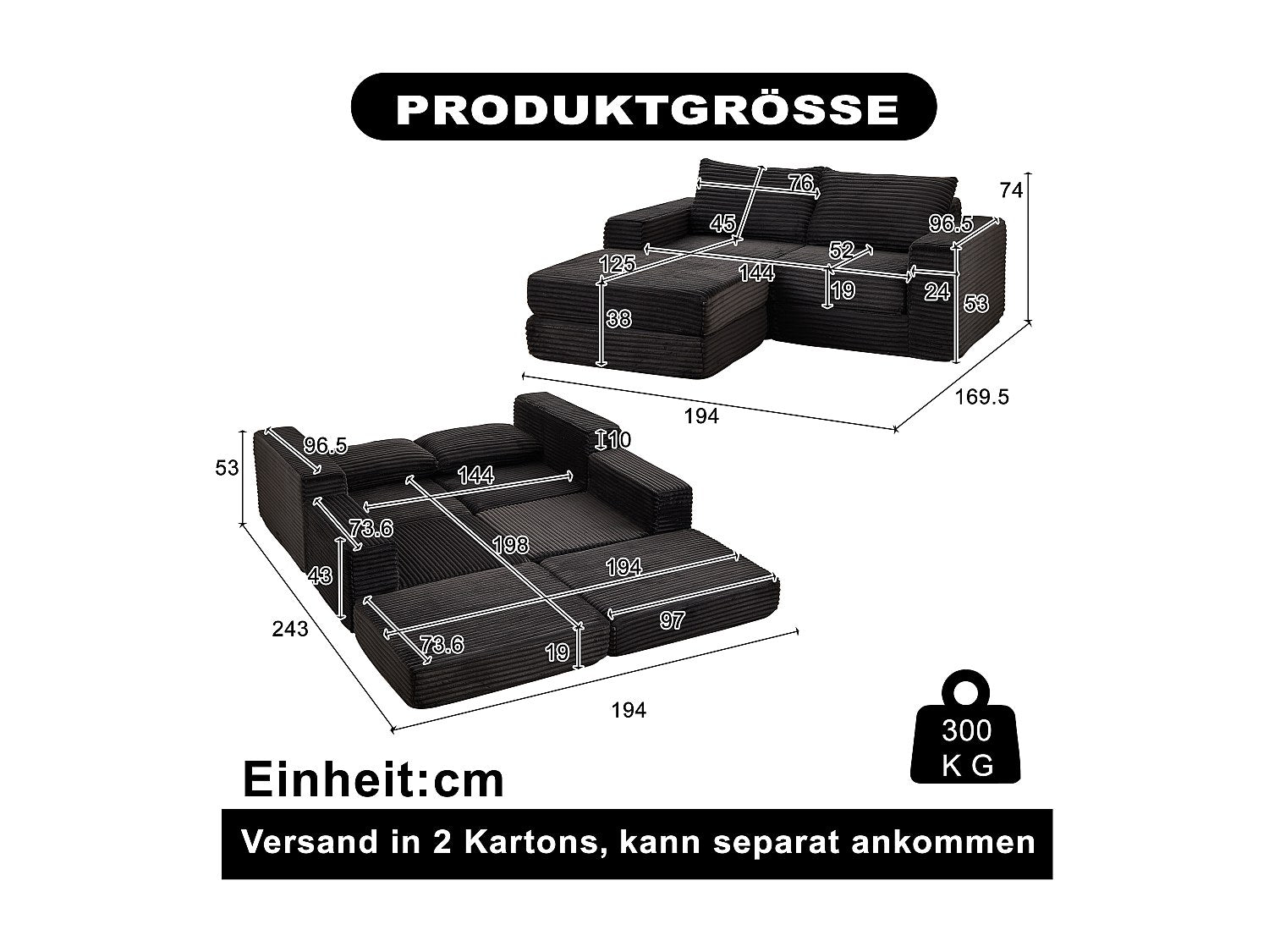 Pouf pour canapé modulable convertible 2 places noir tissu