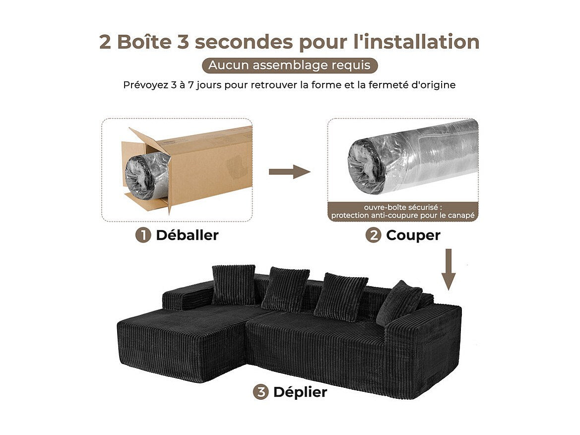Méridienne pour canapé modulable 3 places noir velours