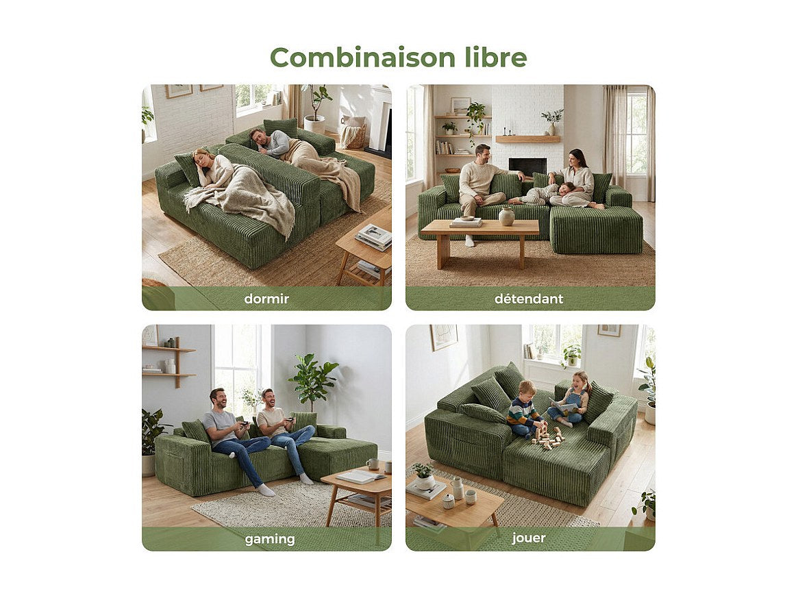 Méridienne pour canapé modulable 3 places vert velours