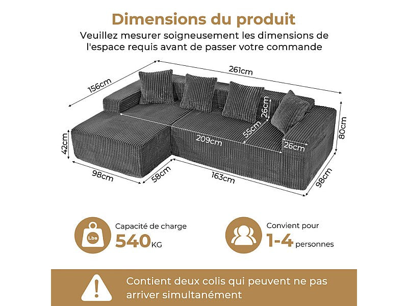 Méridienne pour canapé modulable 3 places gris velours