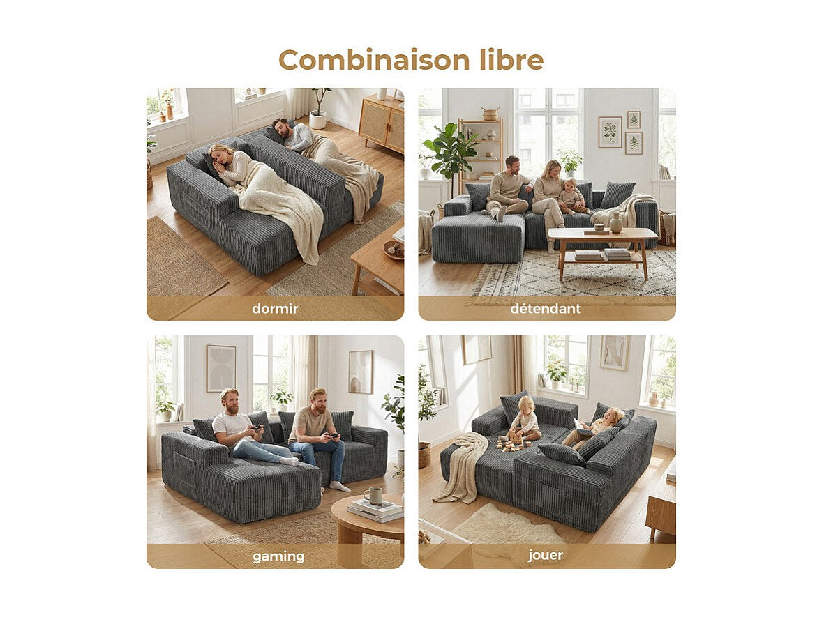 Méridienne pour canapé modulable 3 places gris velours