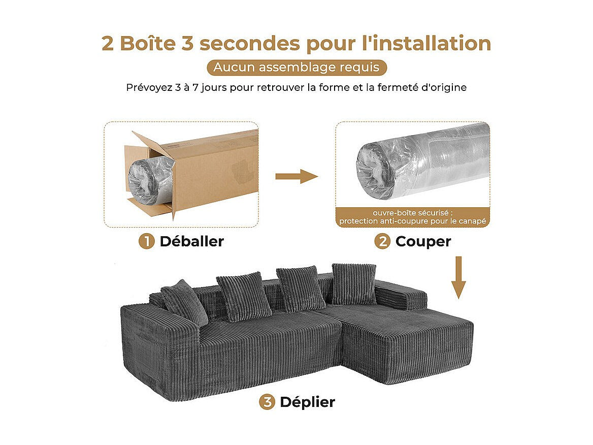 Méridienne pour canapé modulable 3 places gris velours