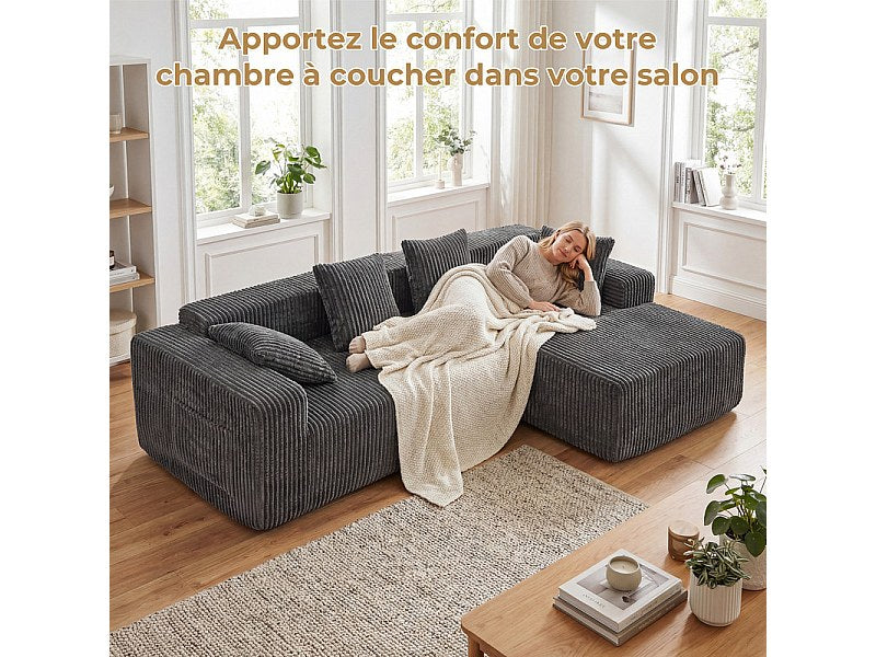 Méridienne pour canapé modulable 3 places gris velours