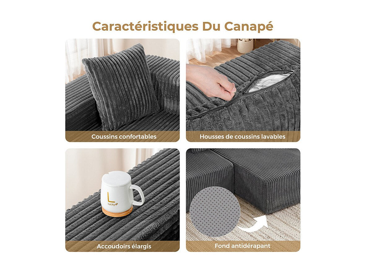 Méridienne pour canapé modulable 3 places gris velours