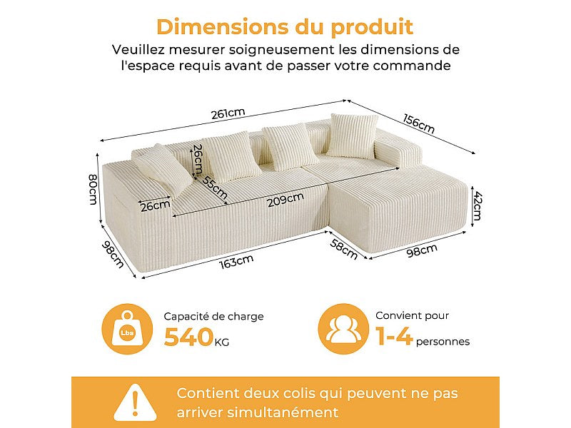 Méridienne pour canapé modulable 3 places beige velours