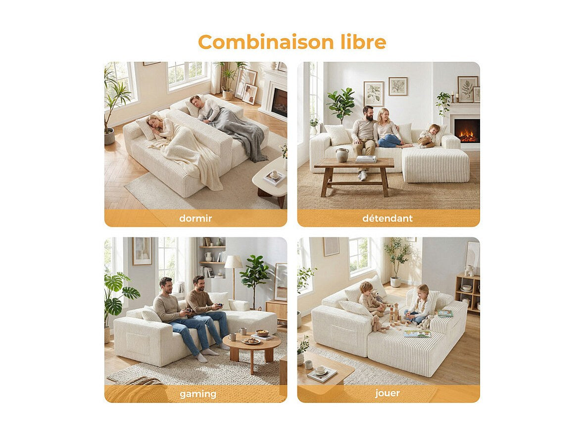 Méridienne pour canapé modulable 3 places beige velours