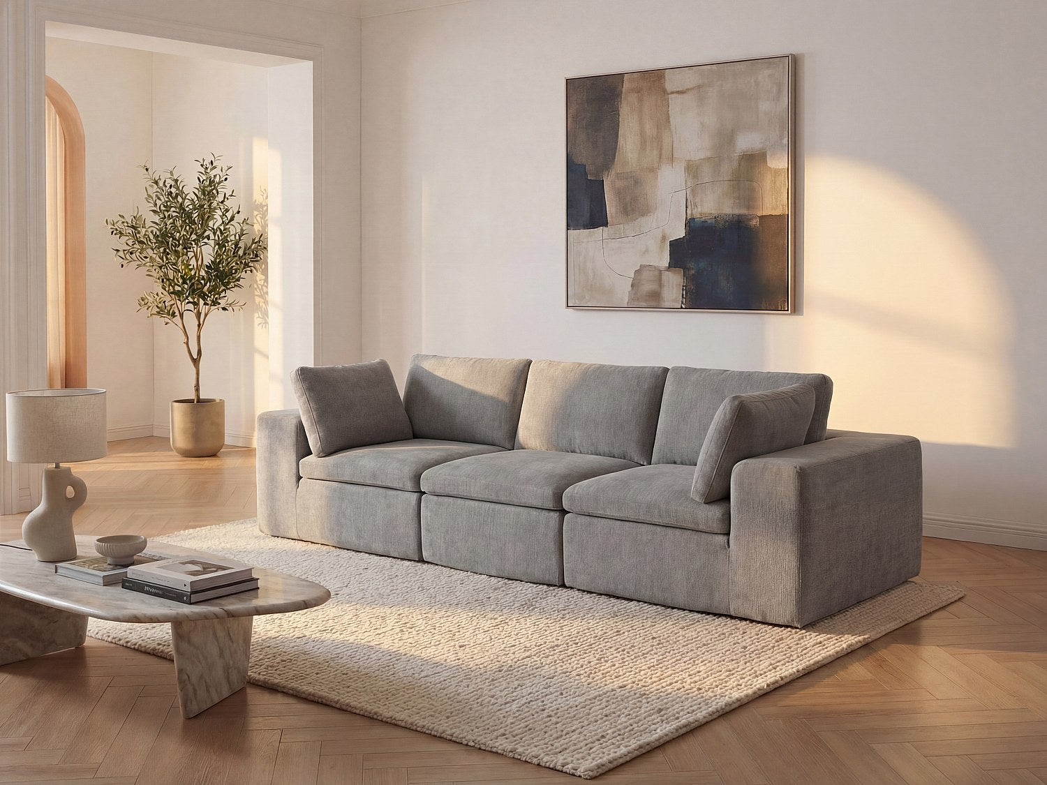 Canapé modulable 3 places gris tissu