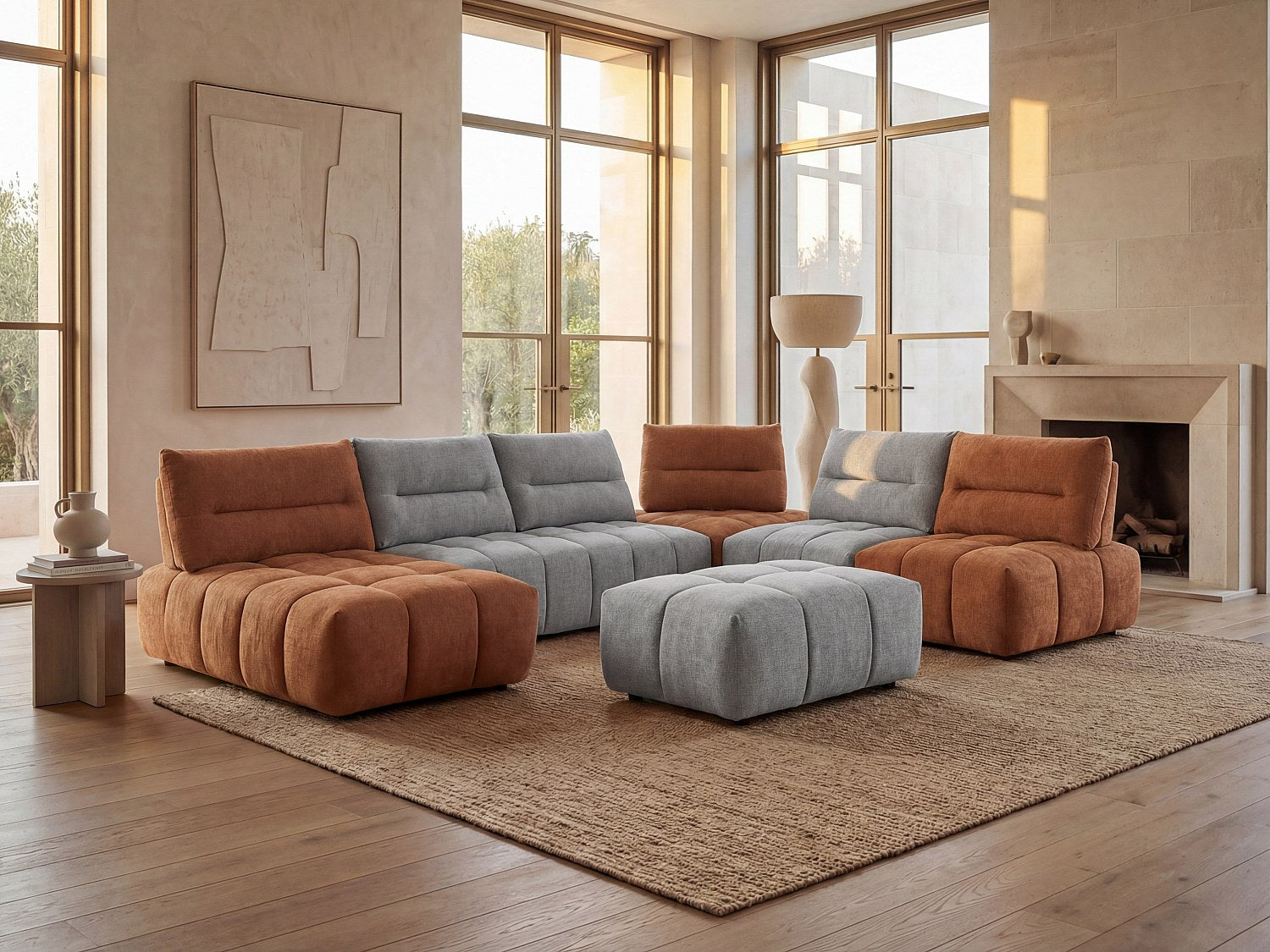Pouf pour canapé modulable panoramique gris tissu