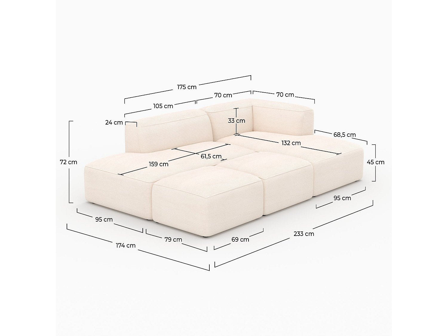 Pouf pour canapé modulable 4 places blanc velours - Mina