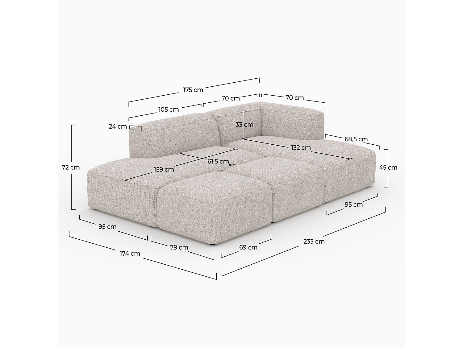 Pouf pour canapé modulable 4 places beige tissu - Hestia