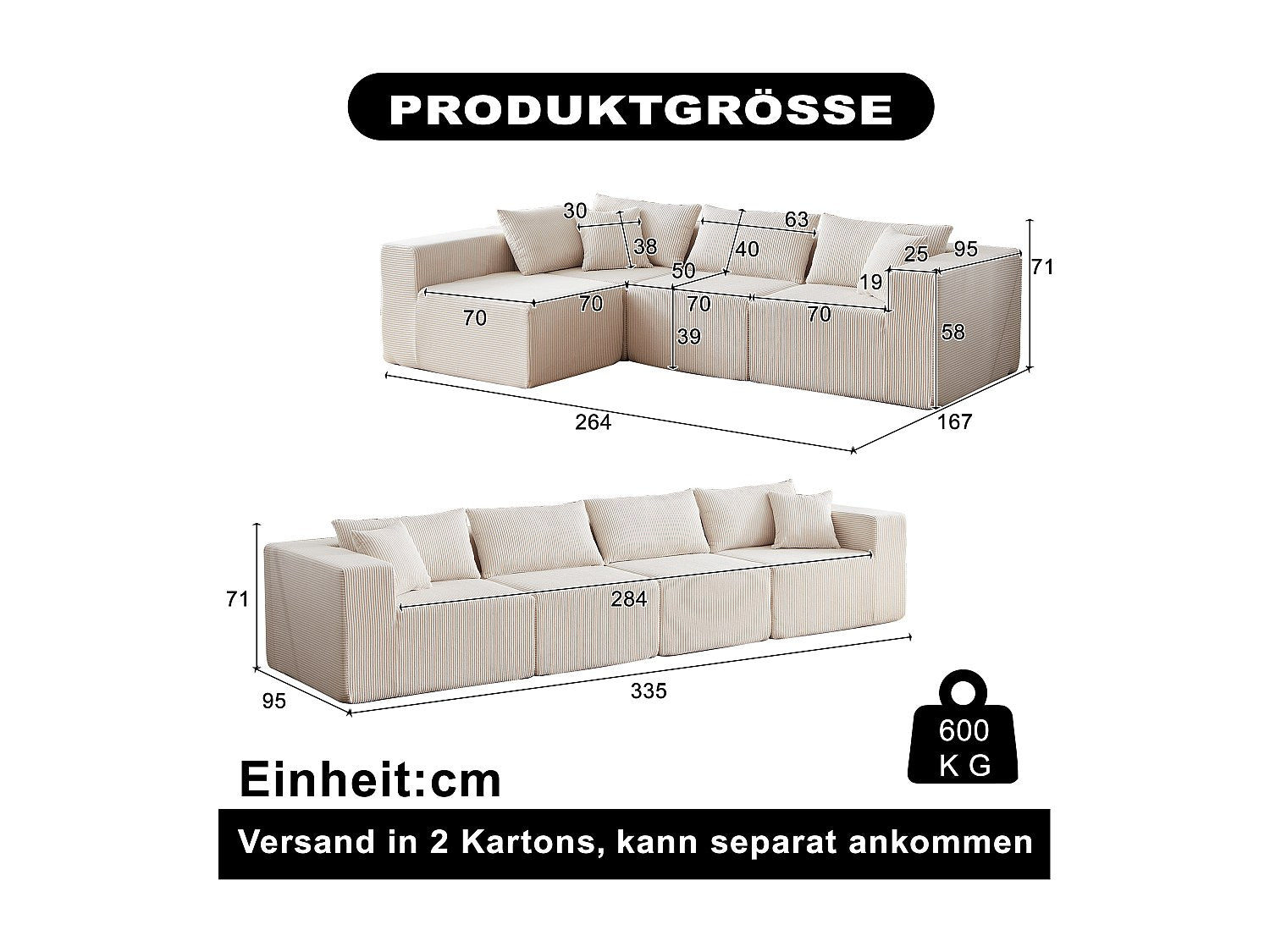 Angle pour canapé modulable 4 places beige tissu