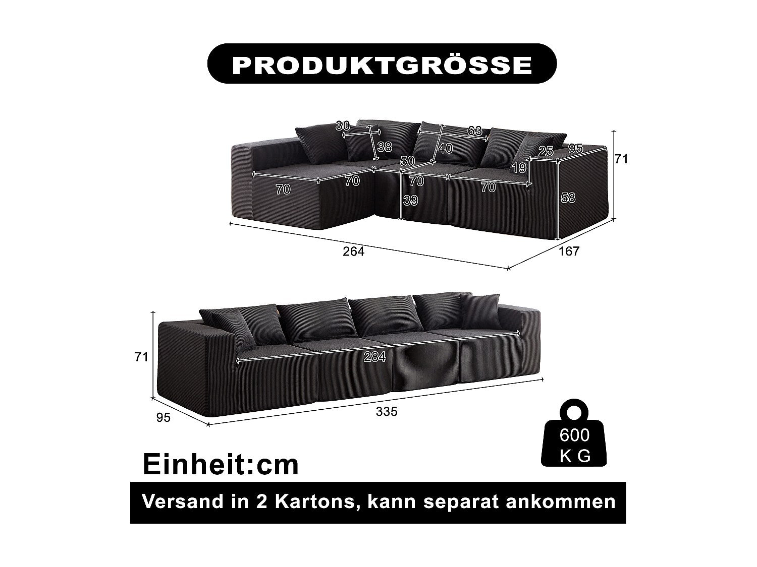 Angle pour canapé modulable 4 places noir tissu