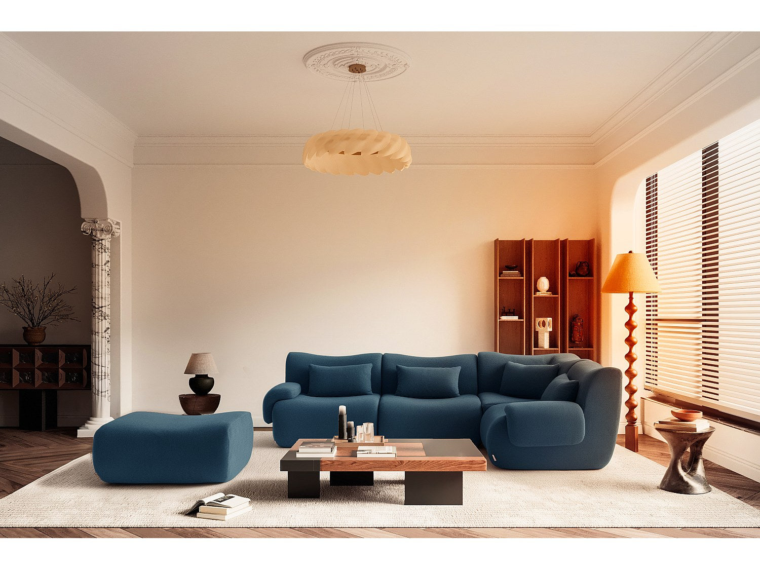 Méridienne pour canapé modulable 4 places bleu tissu