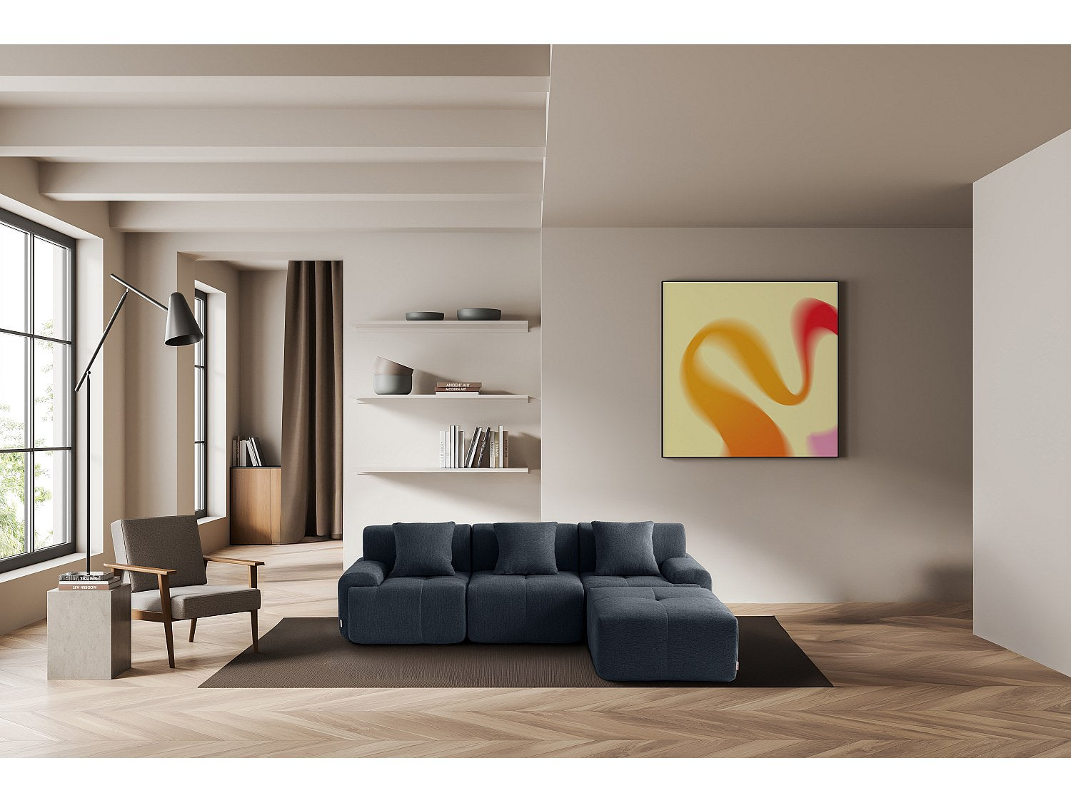 Méridienne pour canapé modulable 3 places bleu tissu