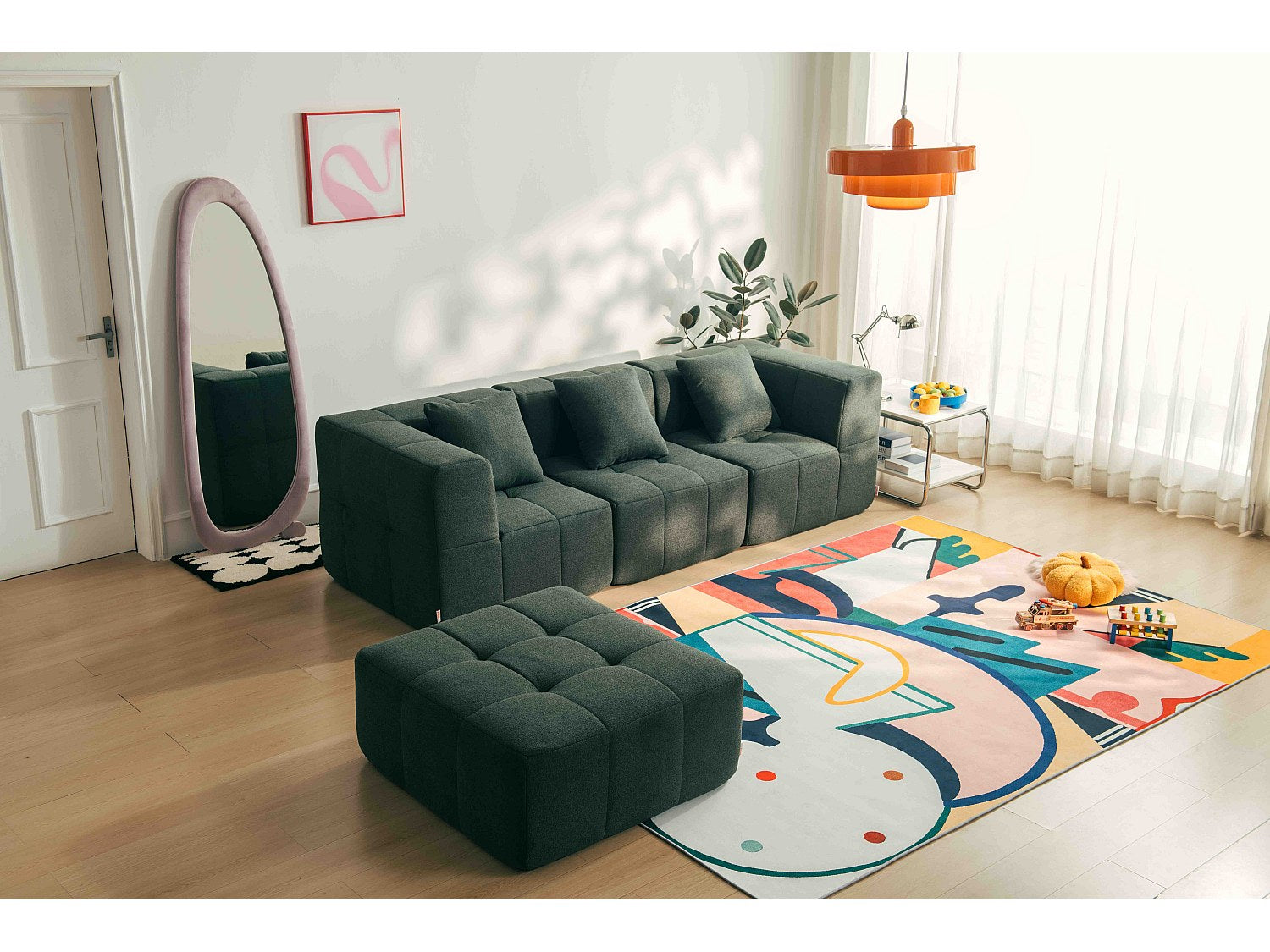 Méridienne pour canapé modulable 3 places vert tissu