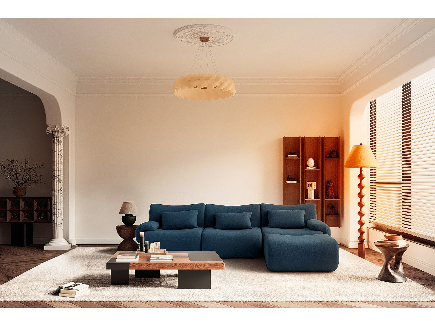 Méridienne pour canapé modulable 3 places bleu tissu