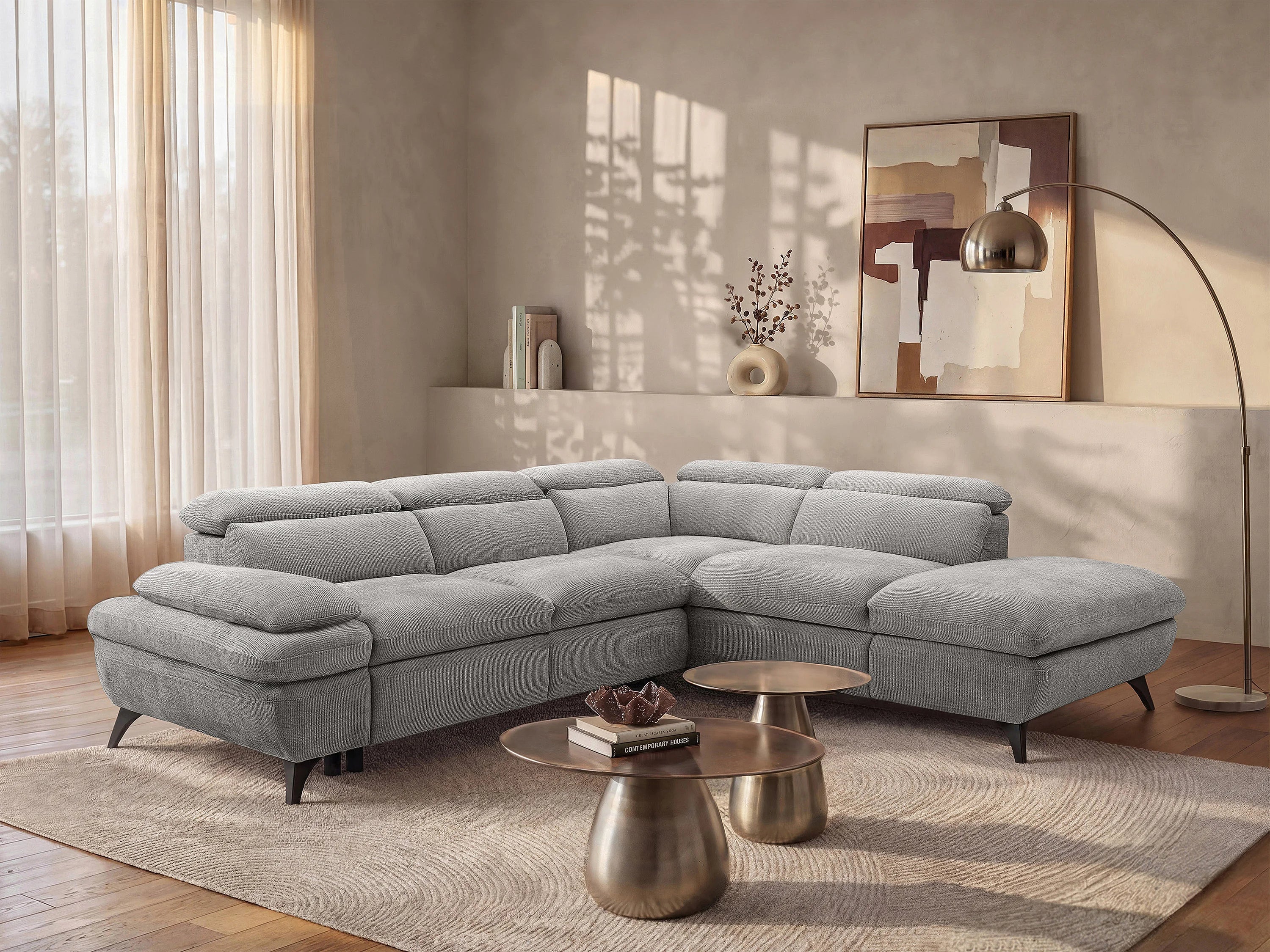 Canapé d'angle droit convertible en tissu texturé gris SURDELI - vue principale