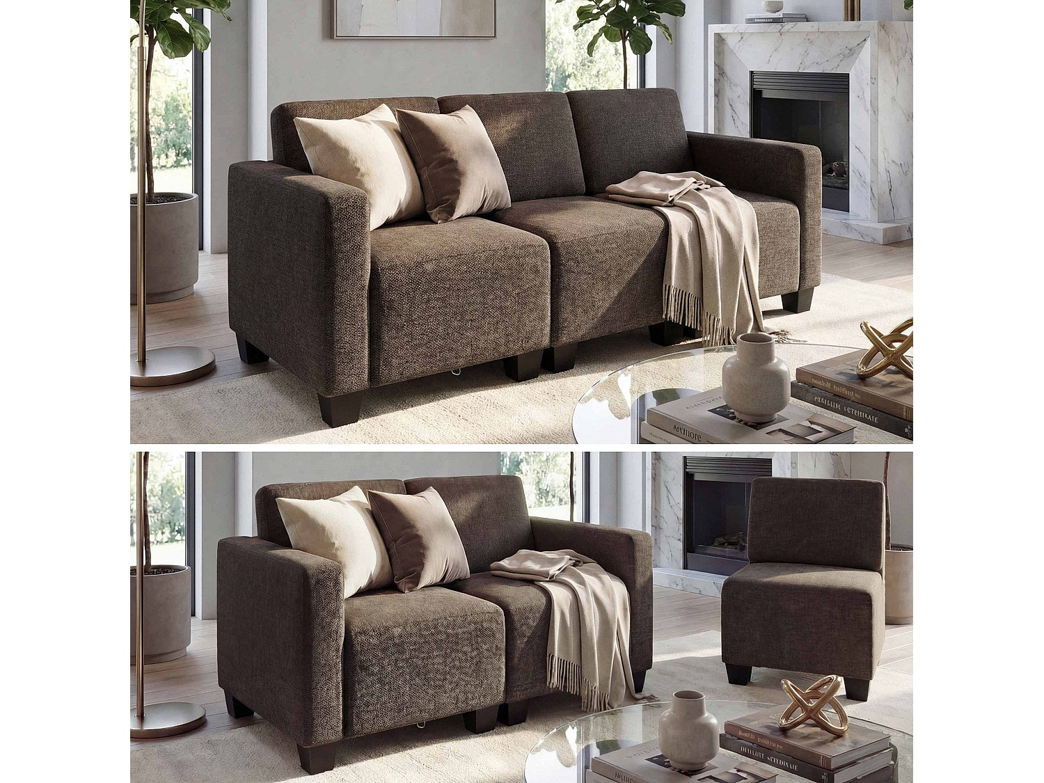Canapé modulable 3 places marron tissu