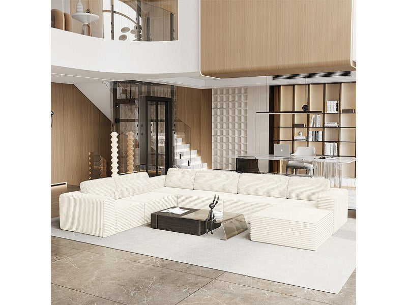 Canapé modulable panoramique beige en velours côtelé - vue arrière