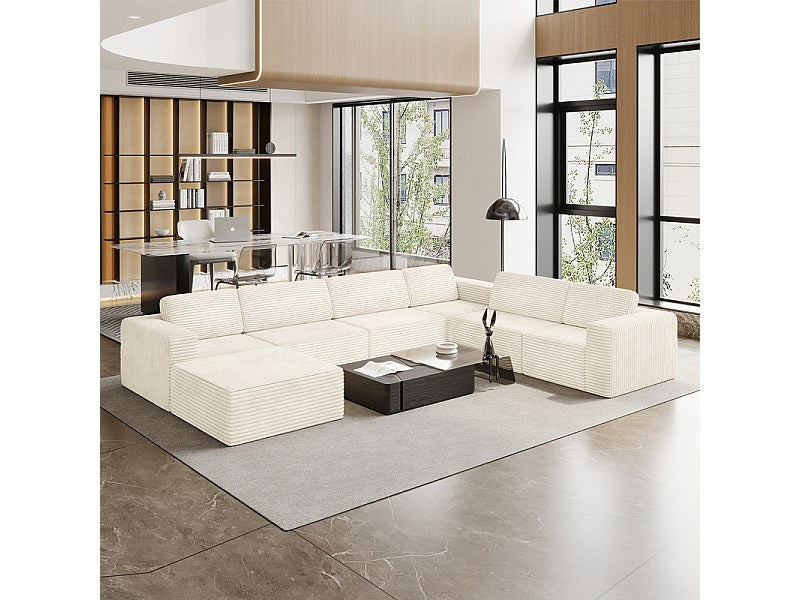 Canapé modulable panoramique beige en velours côtelé - vue arrière