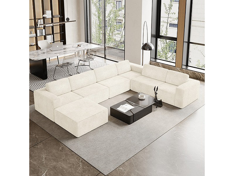Canapé modulable panoramique beige en velours côtelé - détail assise