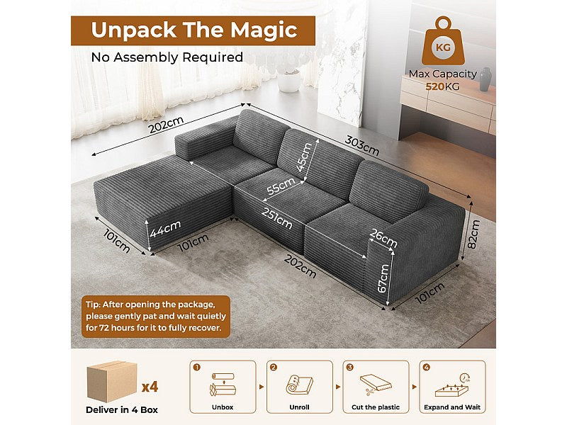 Pouf pour canapé modulable 3 places gris velours