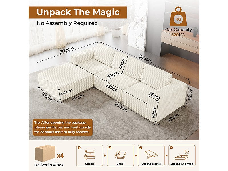 Pouf pour canapé modulable 3 places beige velours