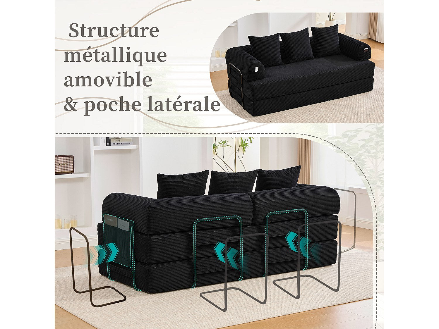 Canapé modulable noir tissu