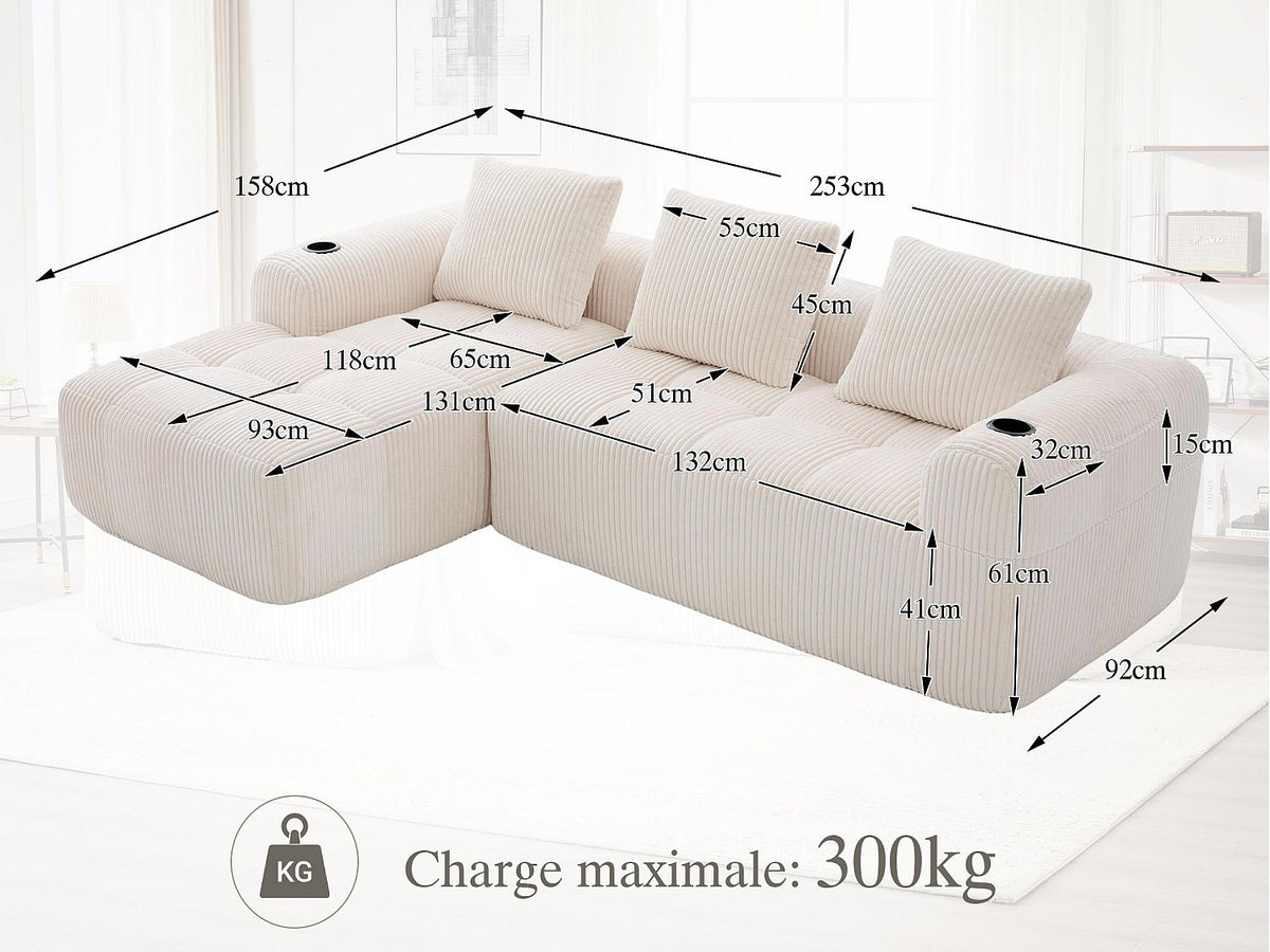 Méridienne pour canapé modulable 2 places beige velours