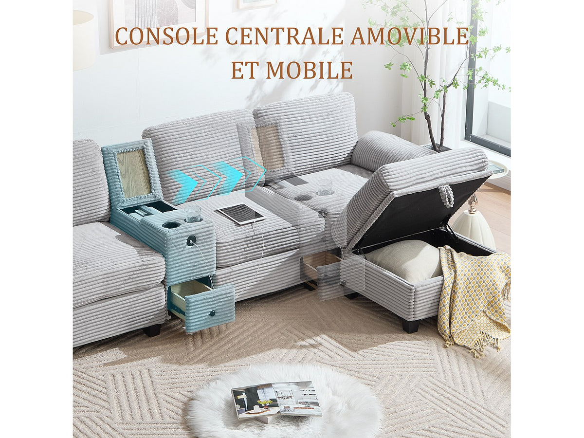 Canapé modulable 4 places gris tissu
