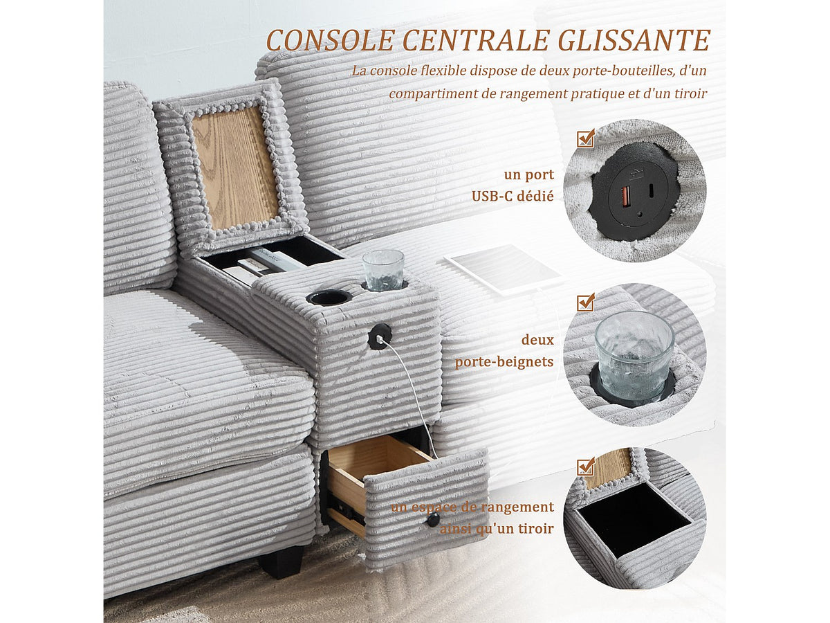 Canapé modulable 4 places gris tissu