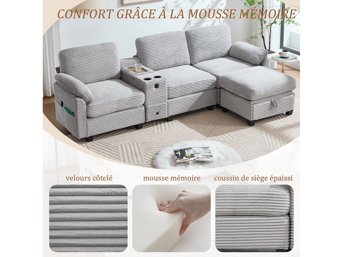 Canapé modulable 4 places gris tissu