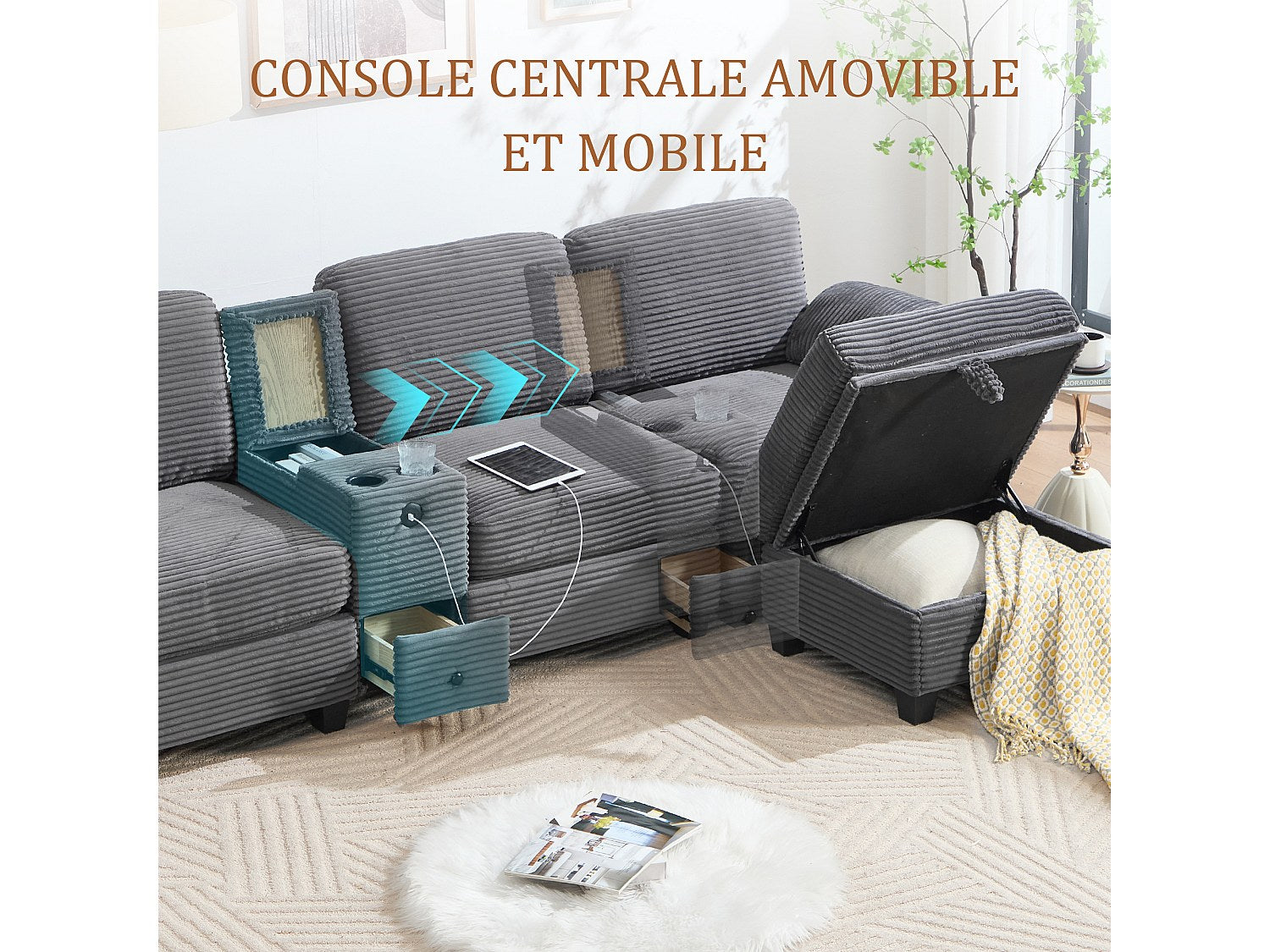 Canapé modulable 4 places gris tissu
