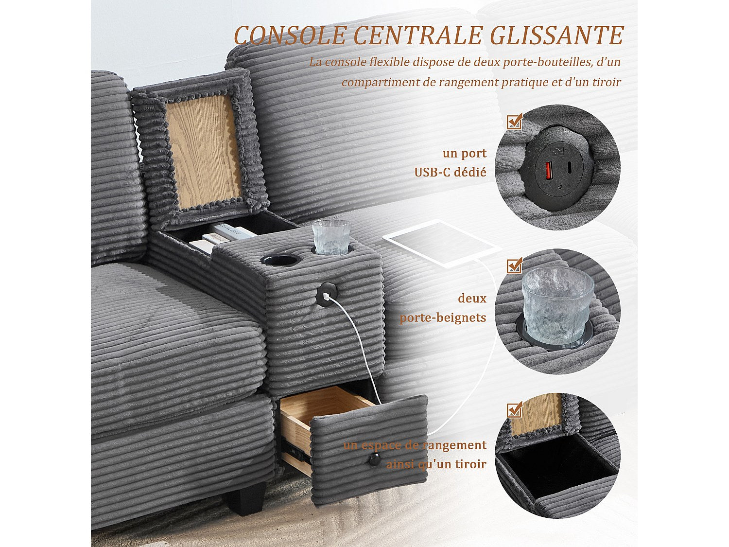 Canapé modulable 4 places gris tissu