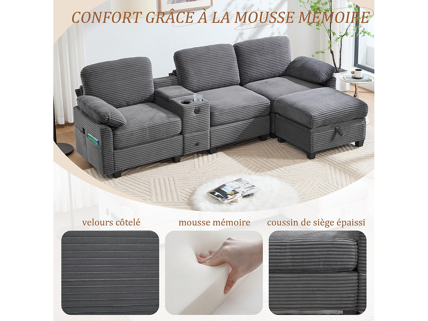 Canapé modulable 4 places gris tissu