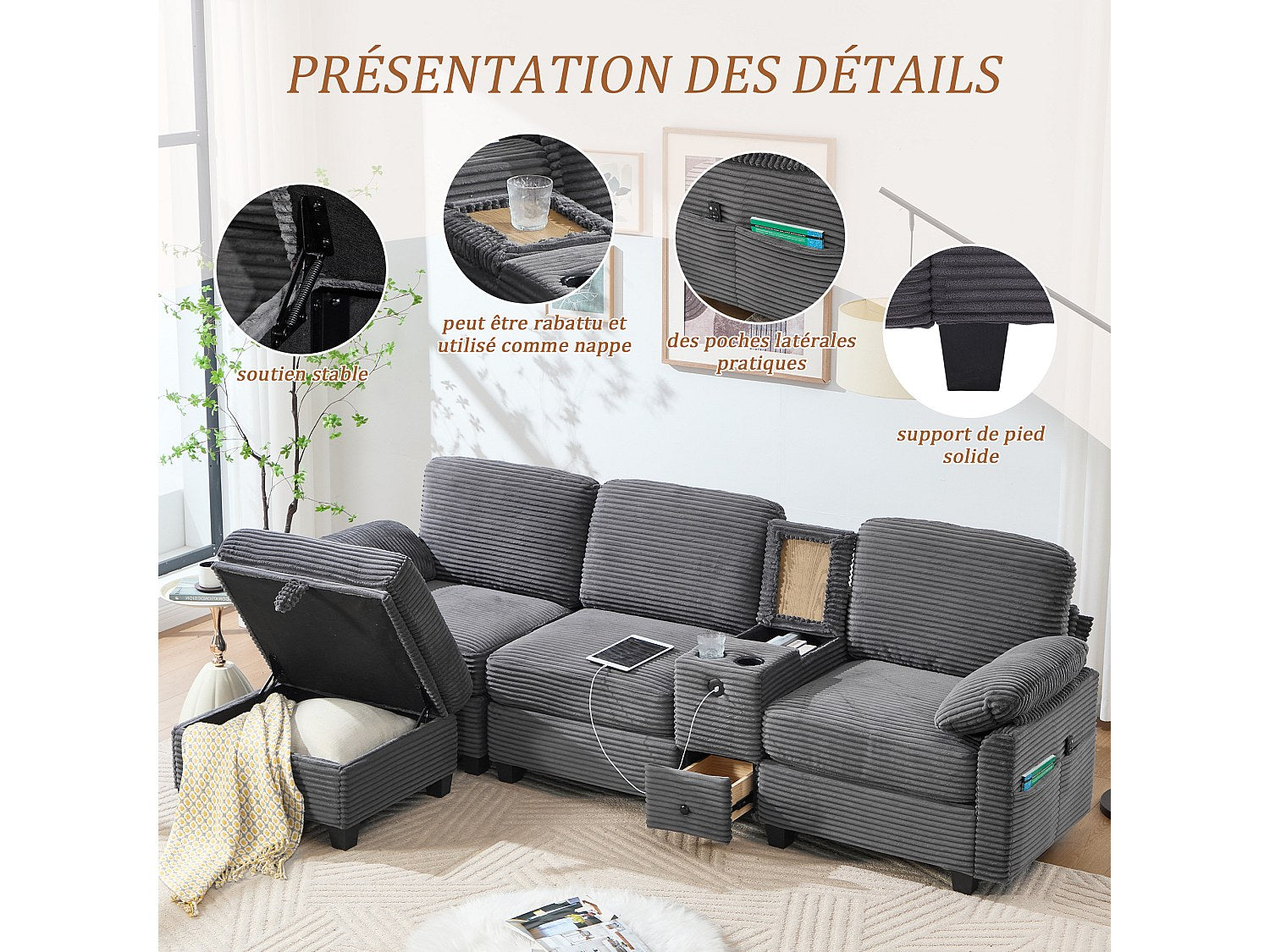 Canapé modulable 4 places gris tissu