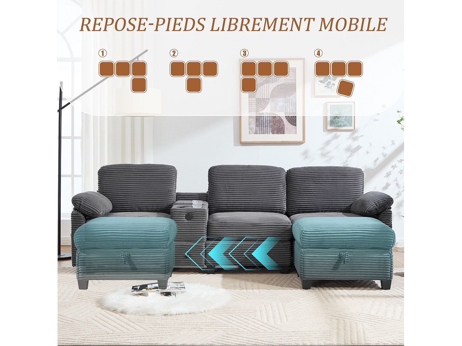 Canapé modulable 4 places gris tissu