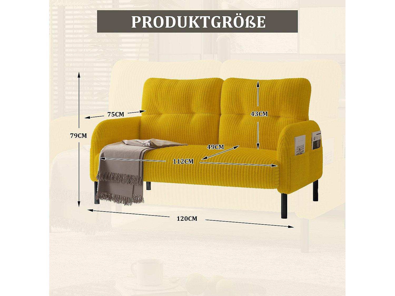 Canapé modulable 2 places jaune velours