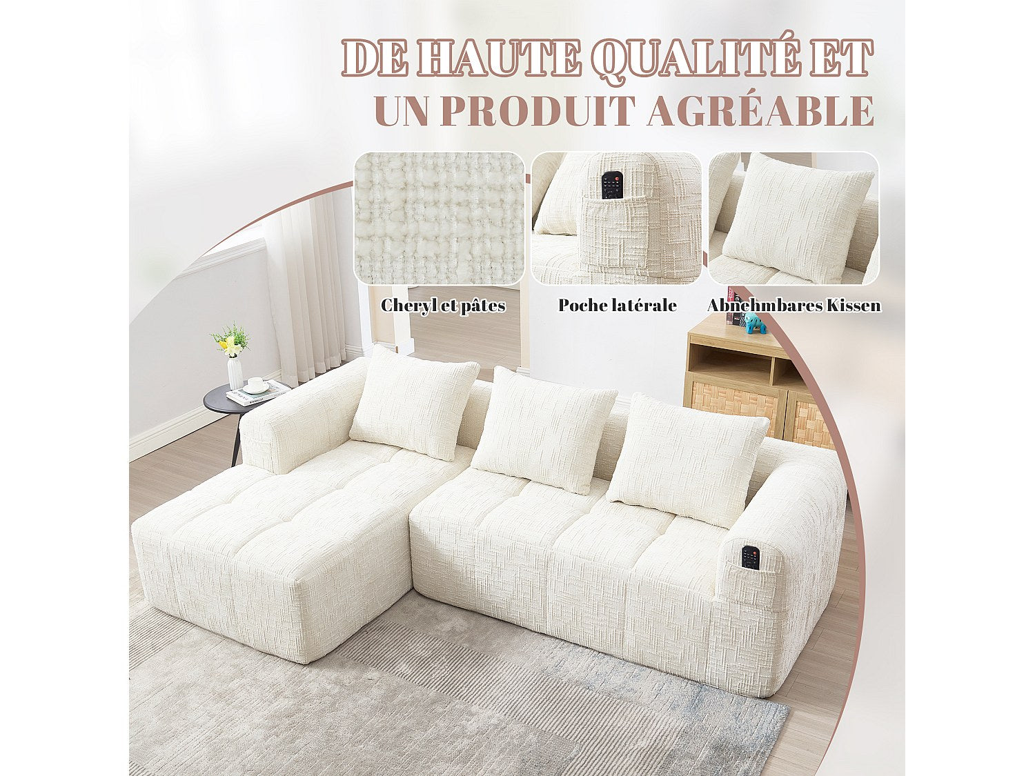 Angle pour canapé modulable 3 places beige tissu