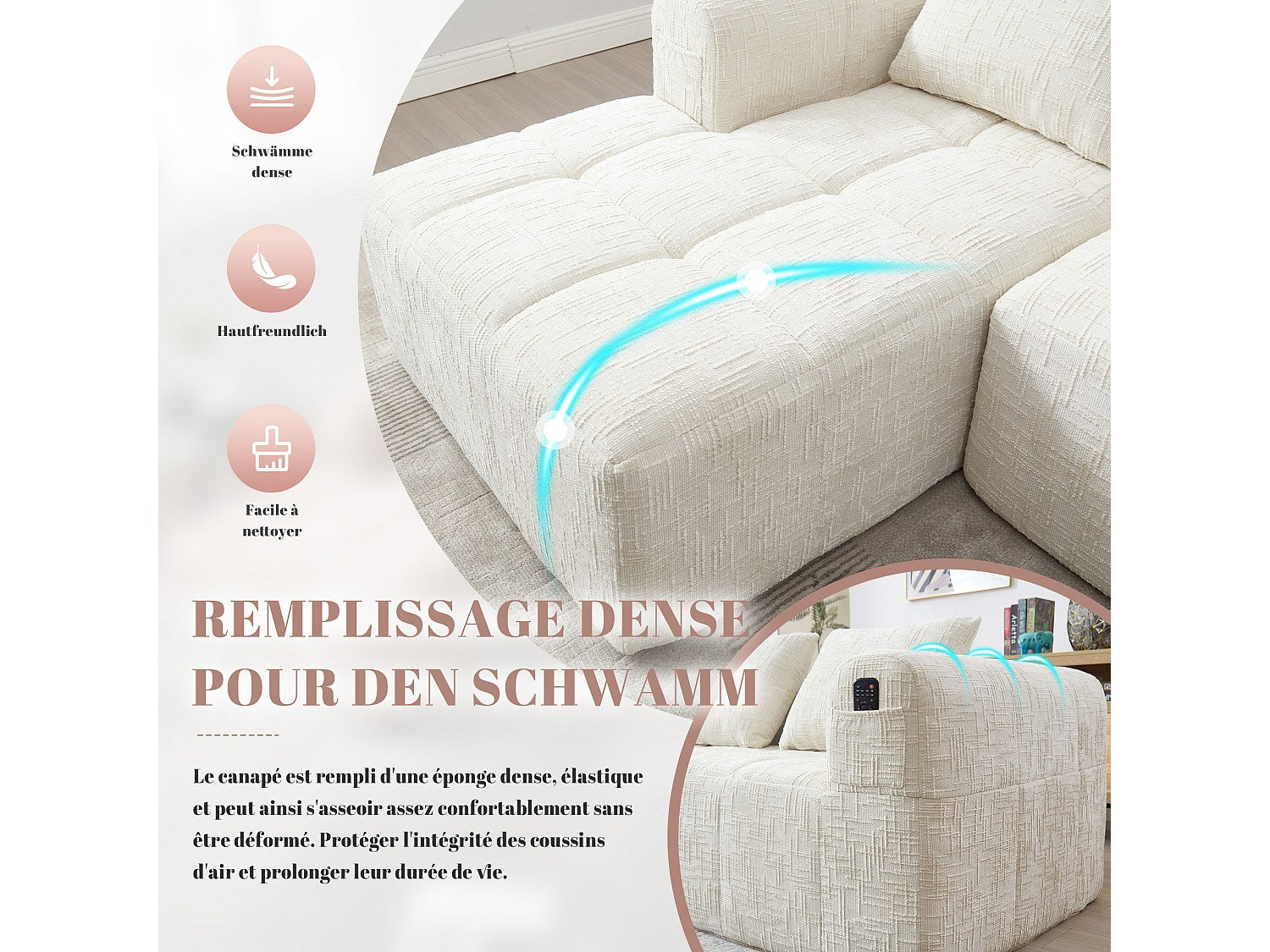 Angle pour canapé modulable 3 places beige tissu