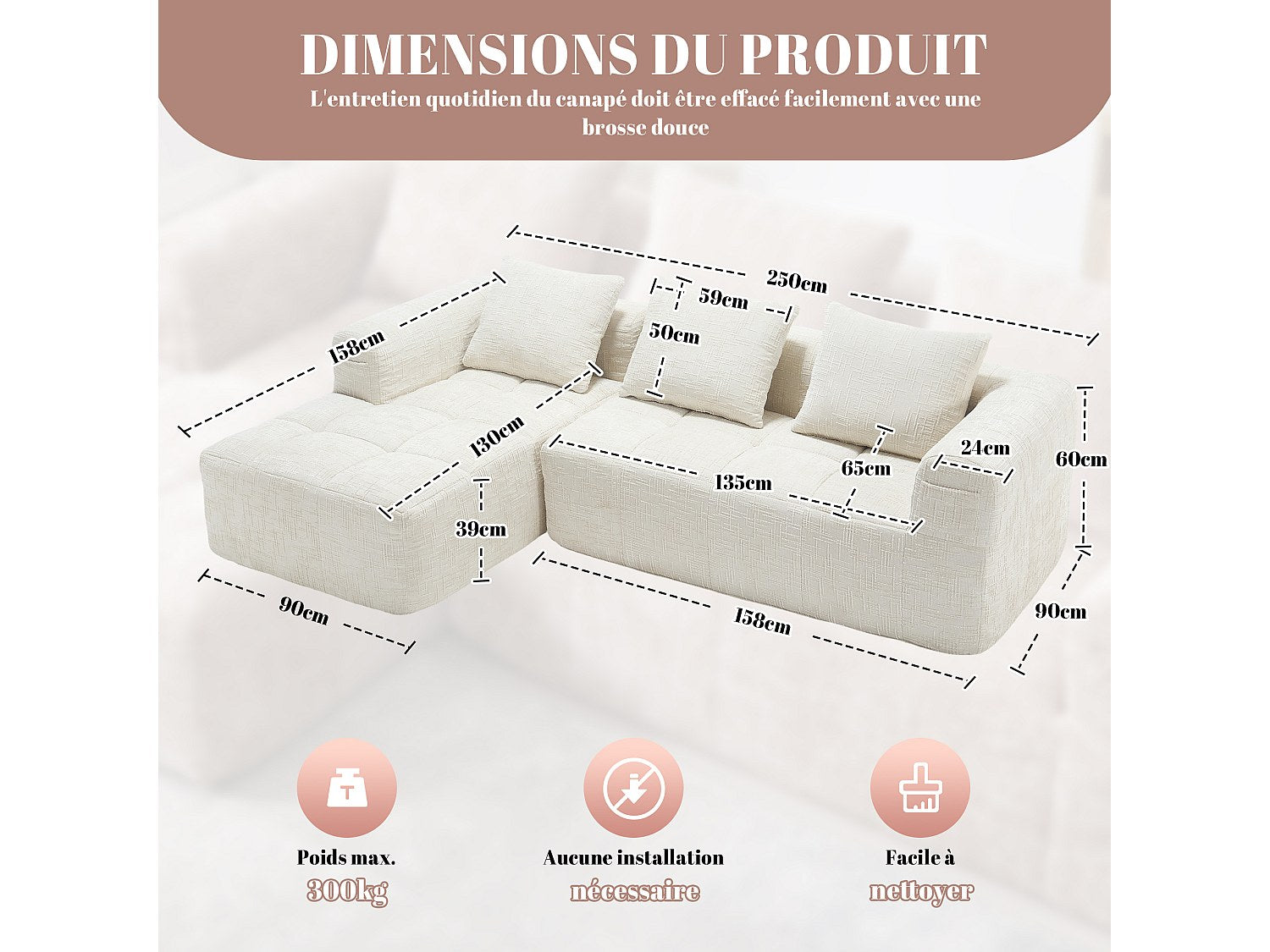 Angle pour canapé modulable 3 places beige tissu